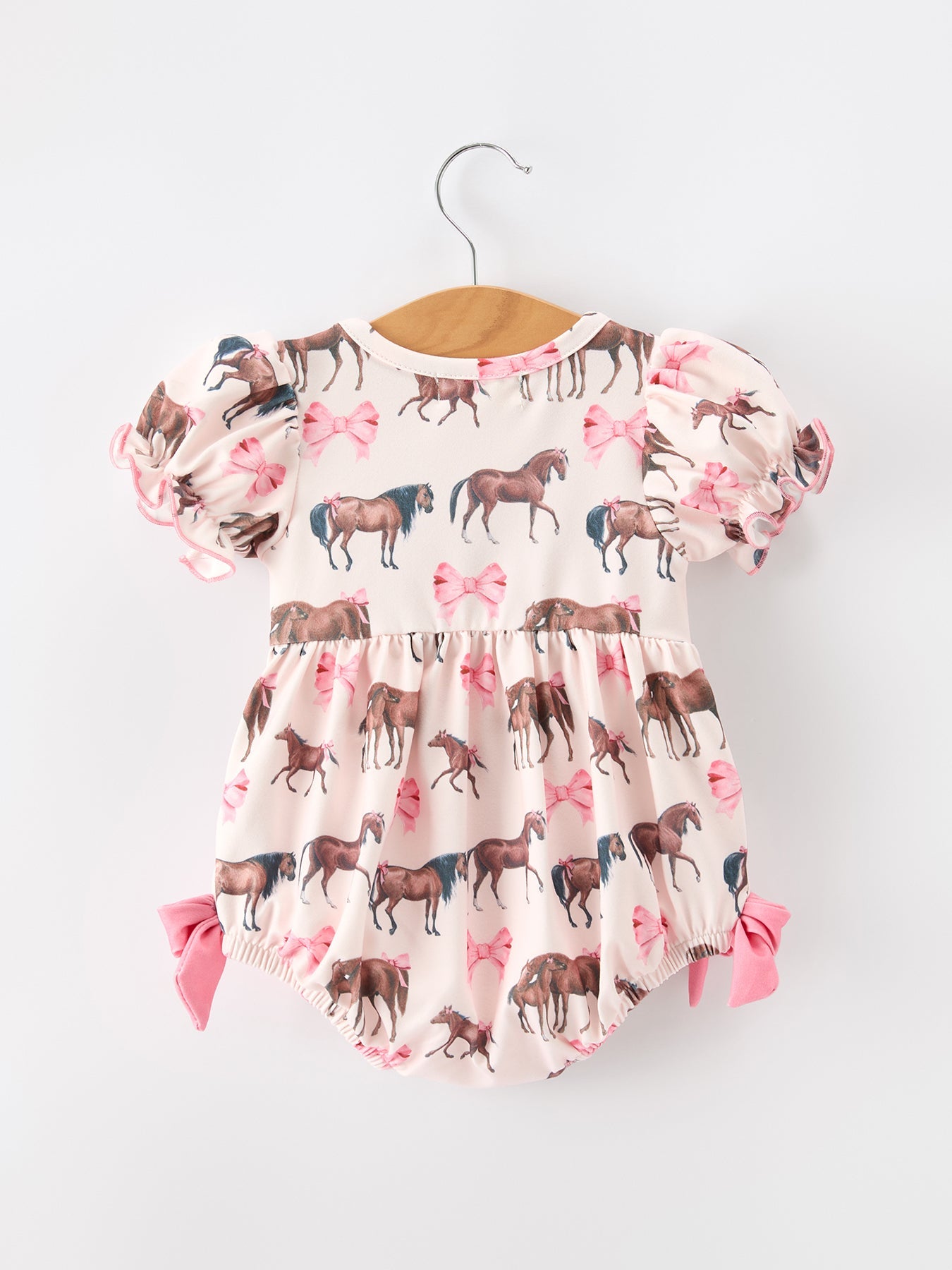 Western Horse Smocked Girls Romper Bow Ruffle Short Sleeve by Rylee Faith Designs at Everetts Place