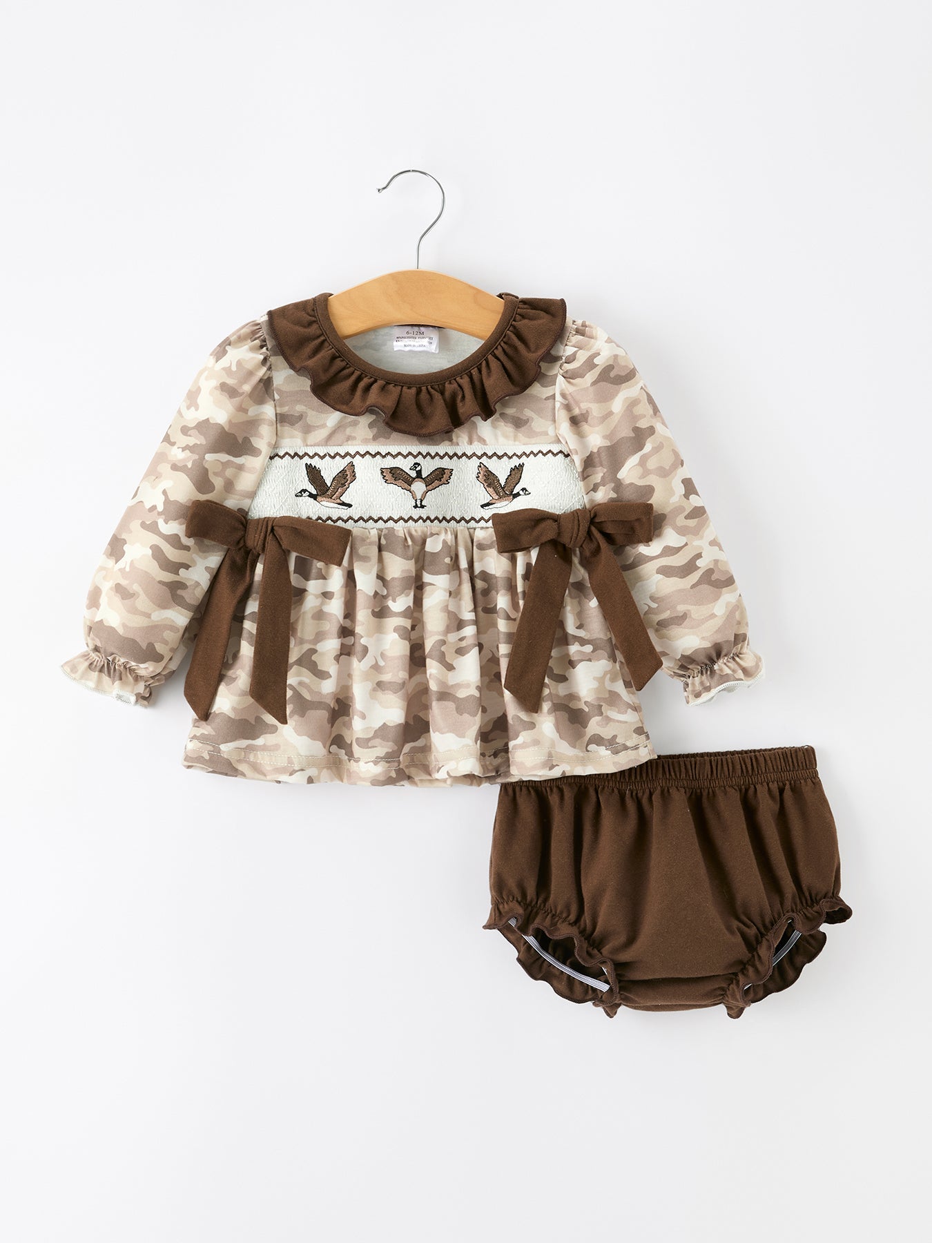 Duck Smocked Camo Baby Bloomer Set Bow Detail by Rylee Faith Designs at Everetts Place