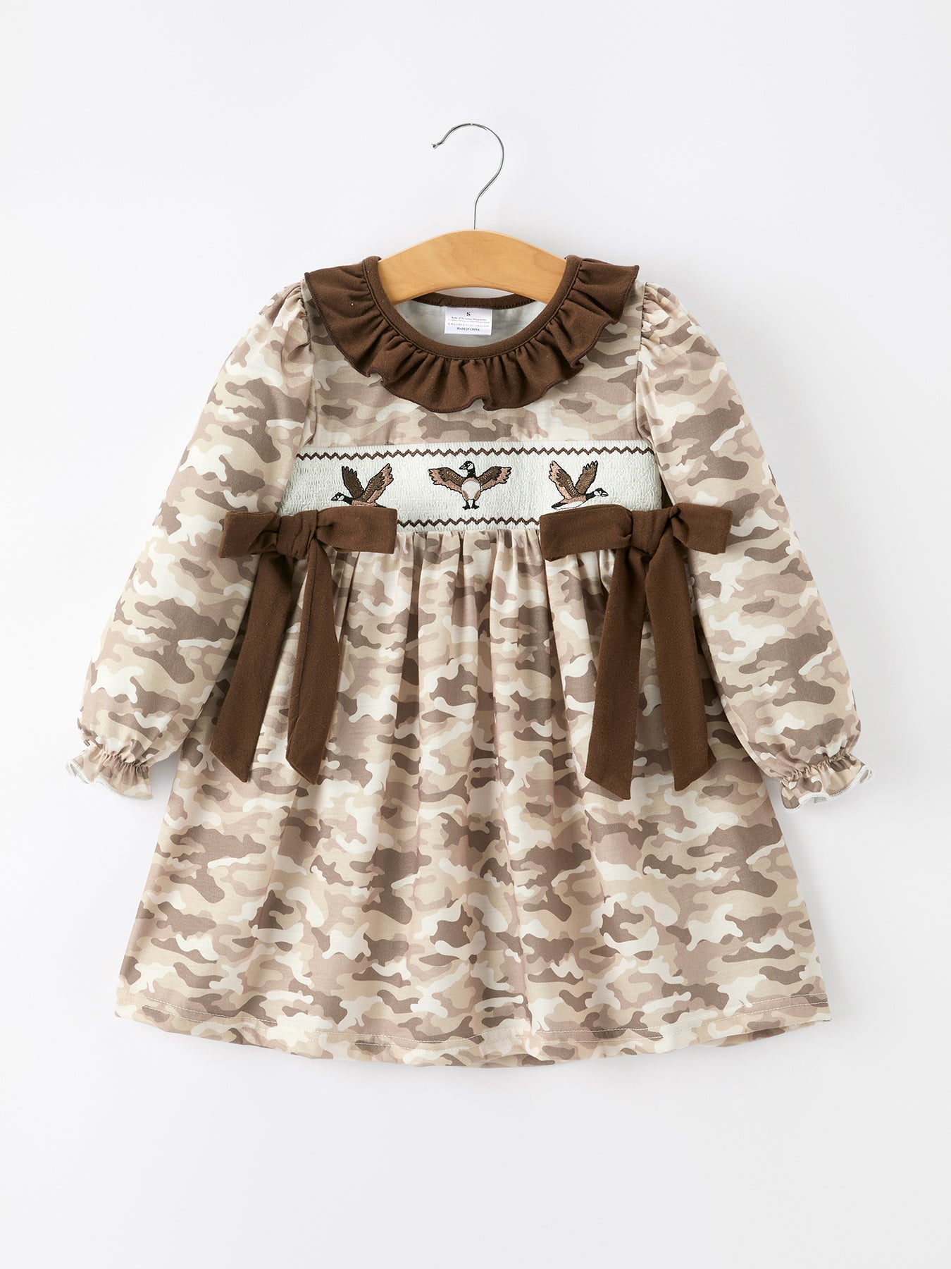 Duck Smocked Camo Girl Dress Bow Detail by Rylee Faith Designs at Everetts Place