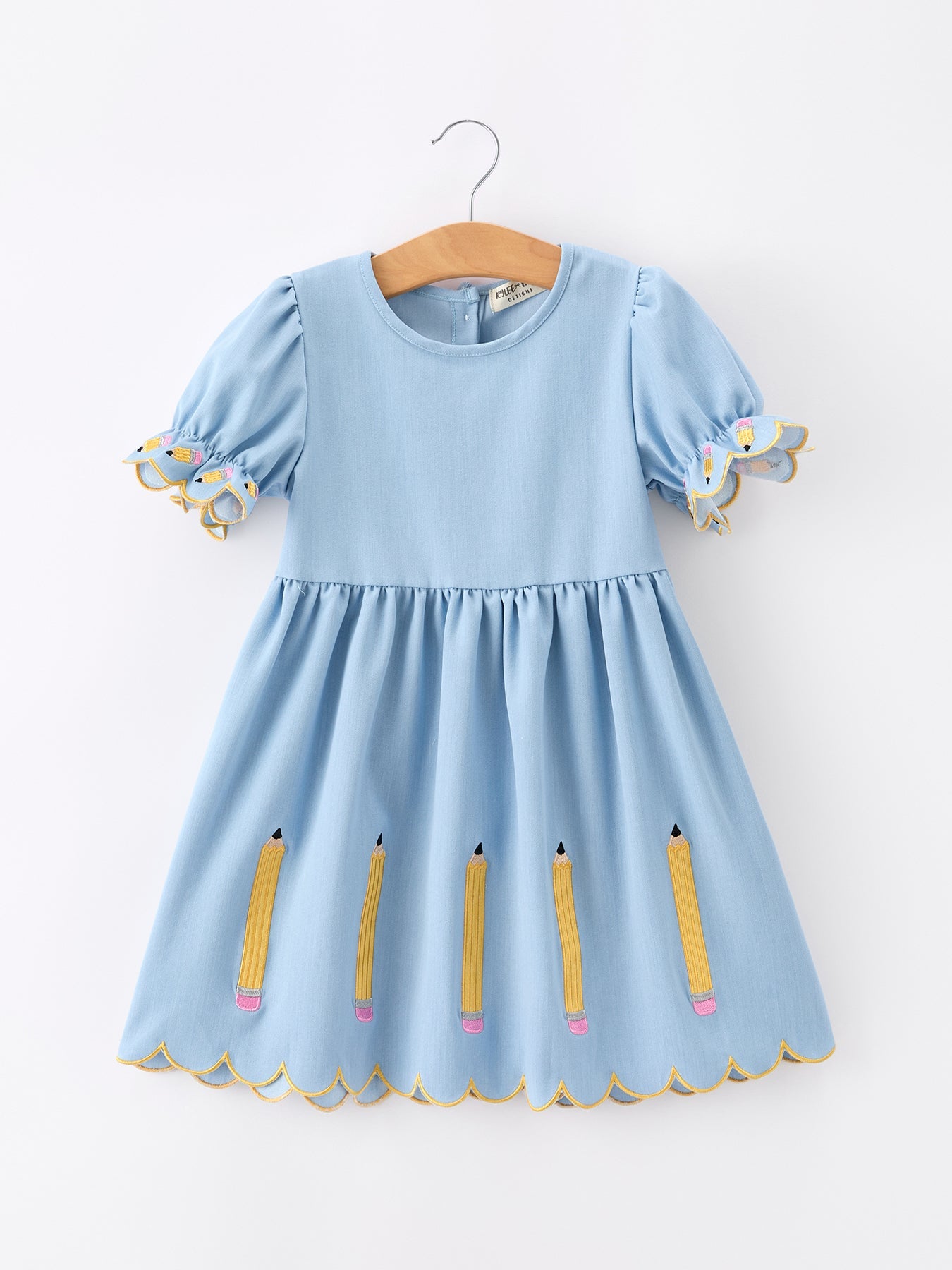 Back to School Pencil Applique Girl Dress Scallop Hem by Rylee Faith Designs at Everetts Place