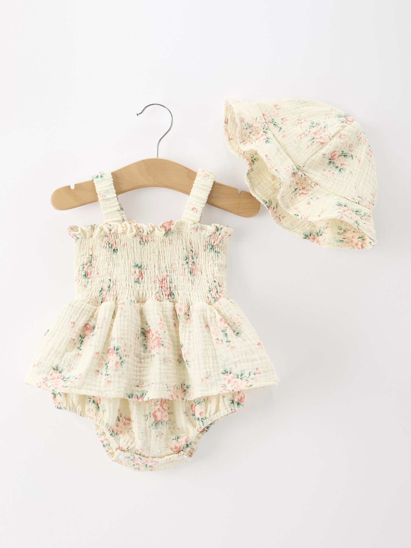Muslin Summer Floral Print Smocked Baby Girl Romper Set Hat - Baby & Toddler Clothing, Textile, One-piece garment, Ruffle, Day Dress | Everetts Place