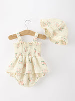 Muslin Summer Floral Print Smocked Baby Girl Romper Set Hat by Rylee Faith Designs at Everetts Place
