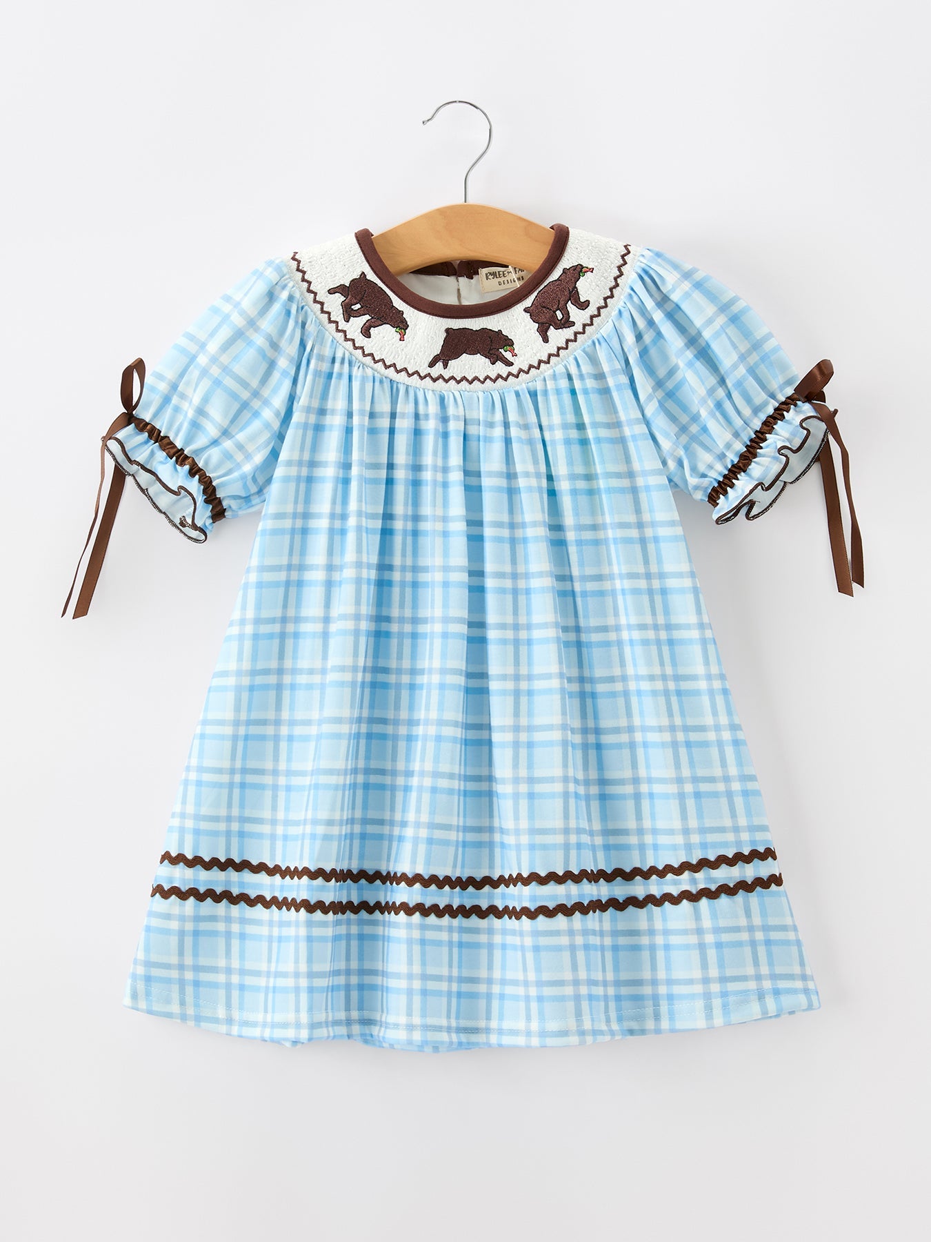 Bear Smocked Plaid Girl Dress by Rylee Faith Designs at Everetts Place