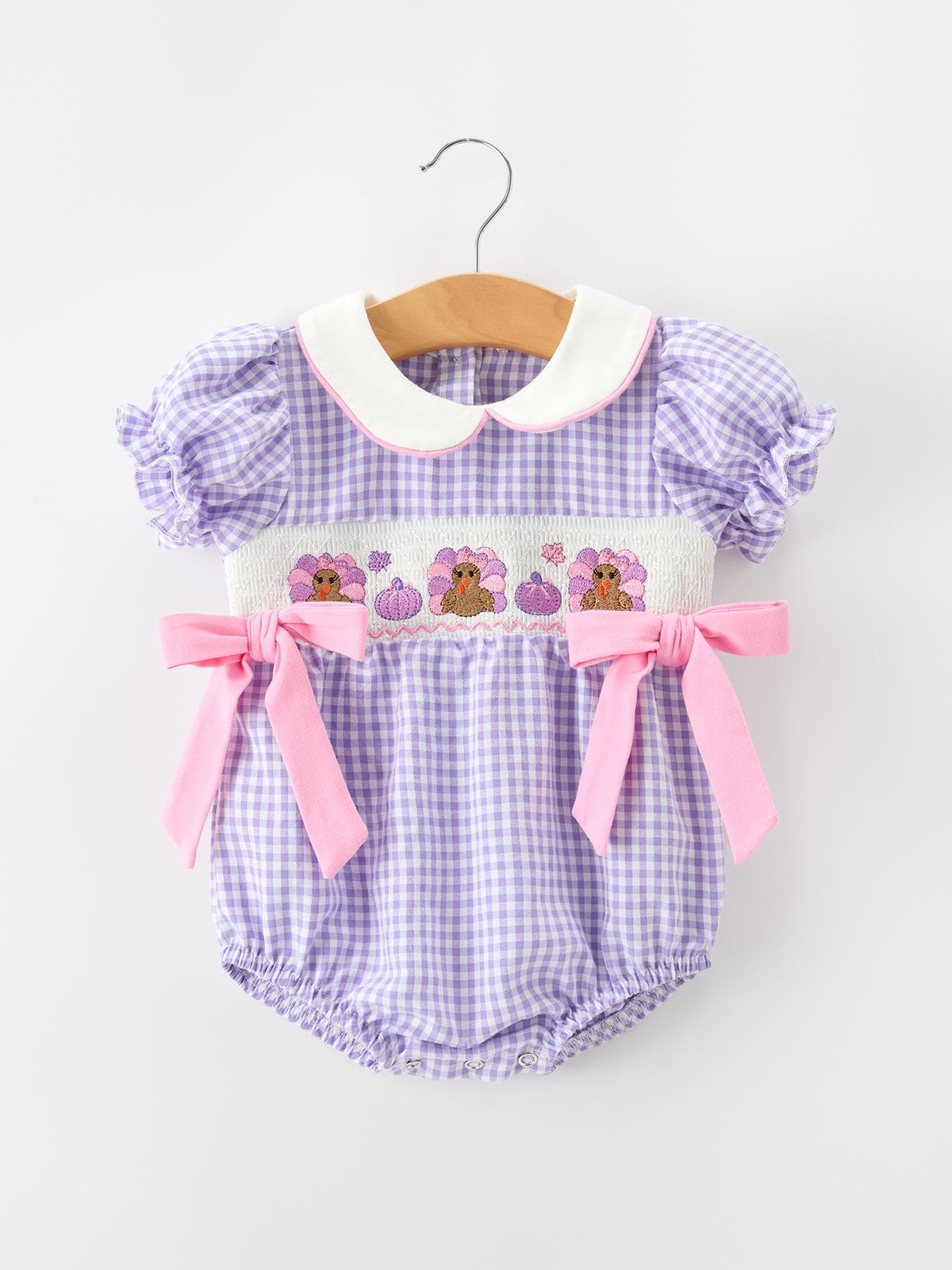Thanksgiving Turkey Smocked Plaid Bow Girls Bubble Romper by Rylee Faith Designs