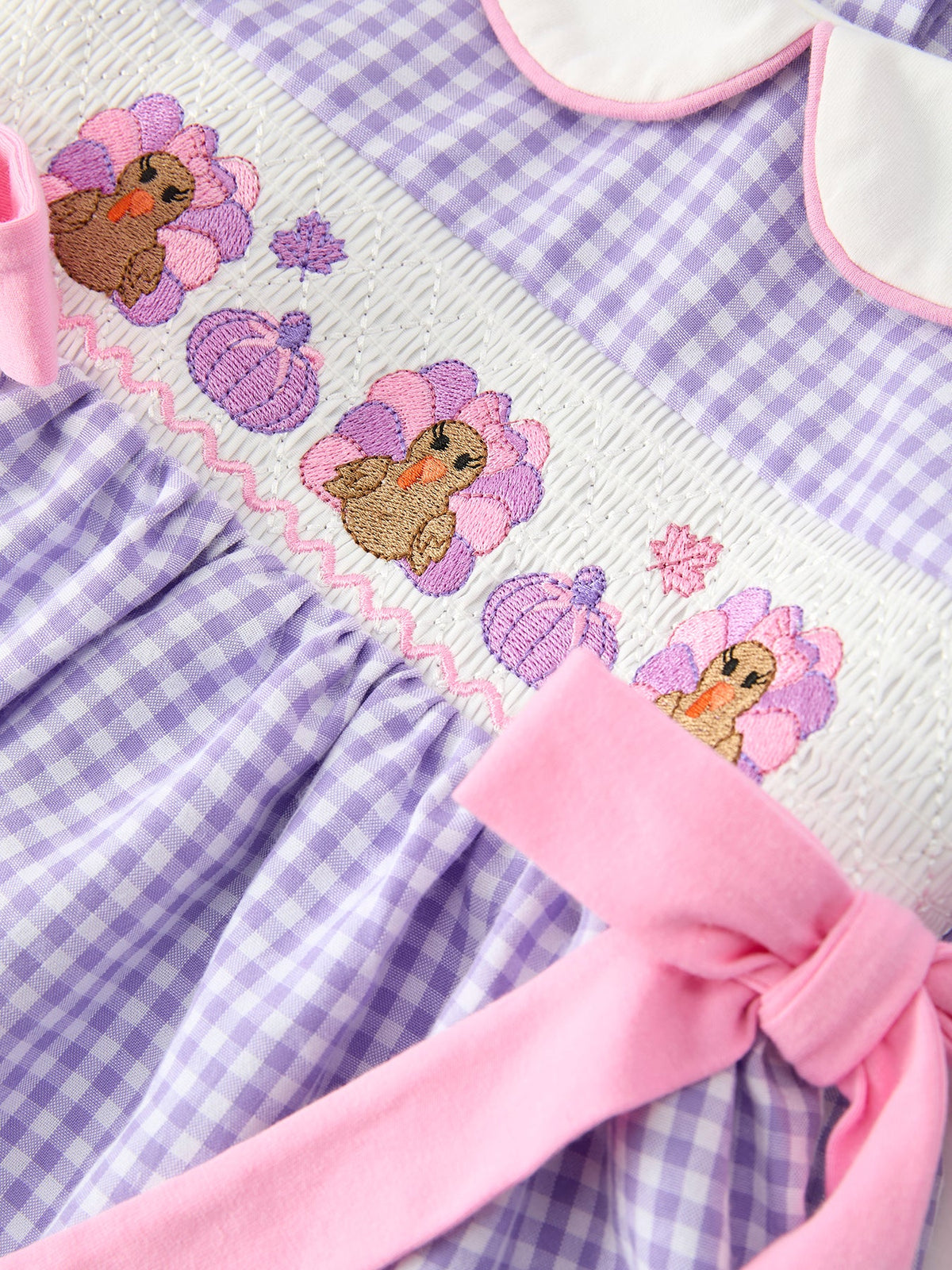 Thanksgiving Turkey Smocked Plaid Bow Girls Bubble Romper by Rylee Faith Designs