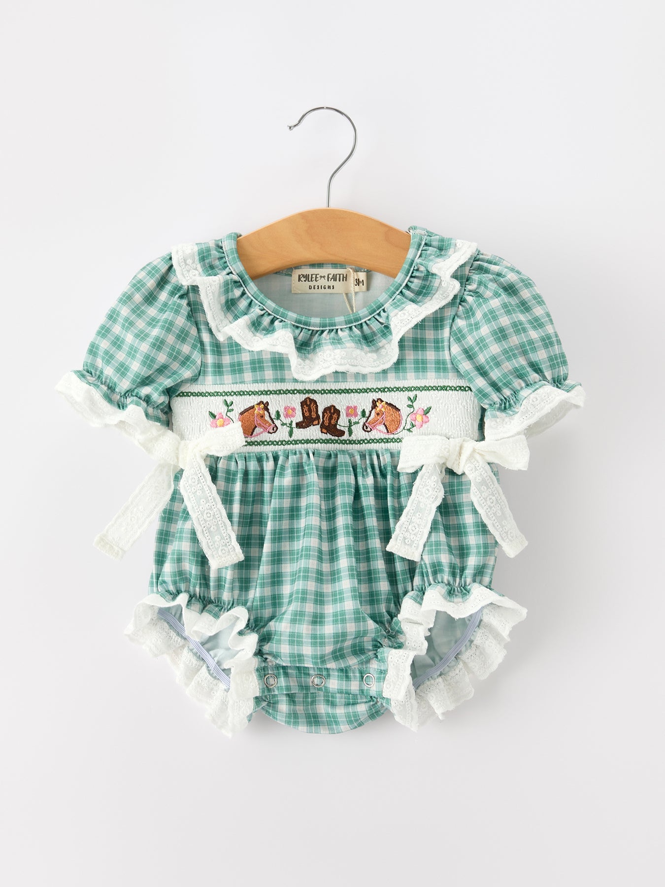 Western Plaid Horse Embroidered Girl Bubble Romper by Rylee Faith Designs at Everetts Place