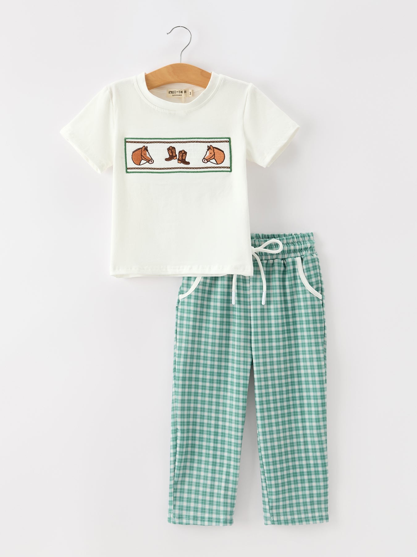 Western Plaid Horse Embroidery Boy Pants Set by Rylee Faith Designs at Everetts Place