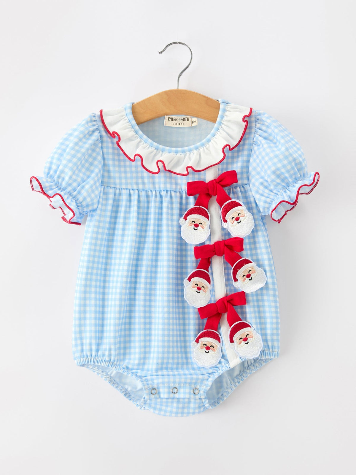 Christmas Santa Bow Plaid Girls Bubble Romper by Rylee Faith Designs