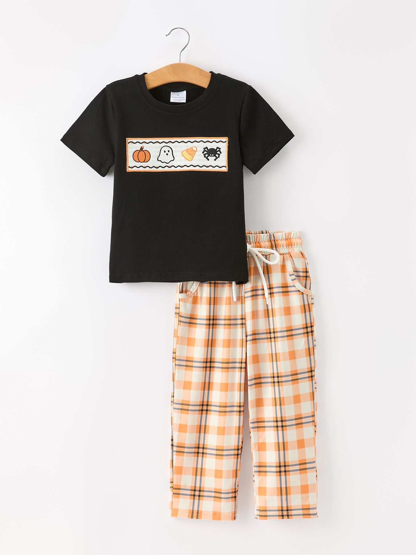 Boys pant set with black tee embroidered with pumpkin, ghost, candy corn, and spider, and orange plaid pants