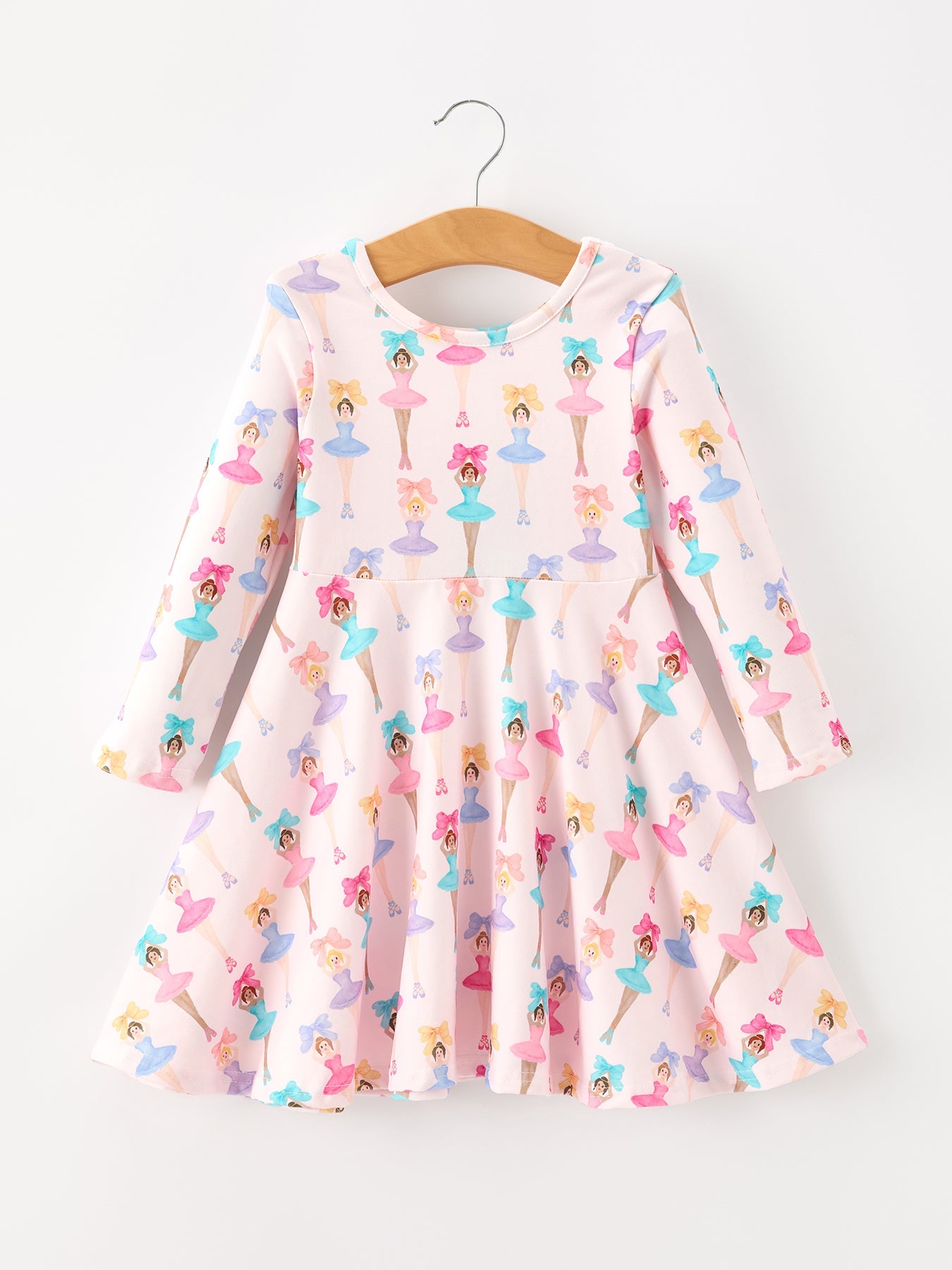 Long sleeve girls twirl dress with pastel ballerina character prints and a full twirl skirt.