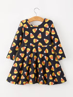 Halloween Candy Corn Girls Long Sleeve Twirl Dress by Rylee Faith Designs