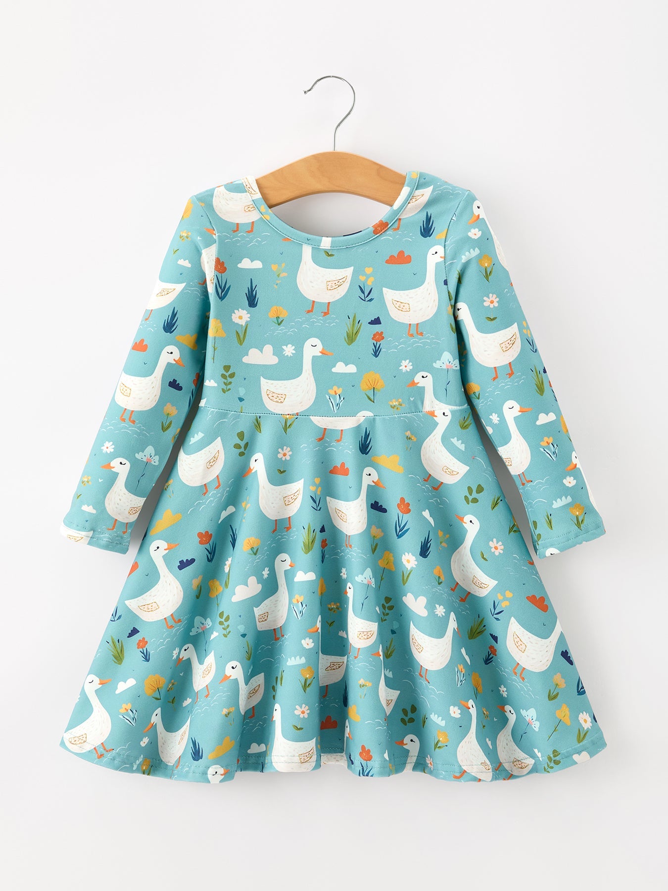 Fall Goose Print Girls Long Sleeve Twirl Dress by Rylee Faith Designs at Everetts Place