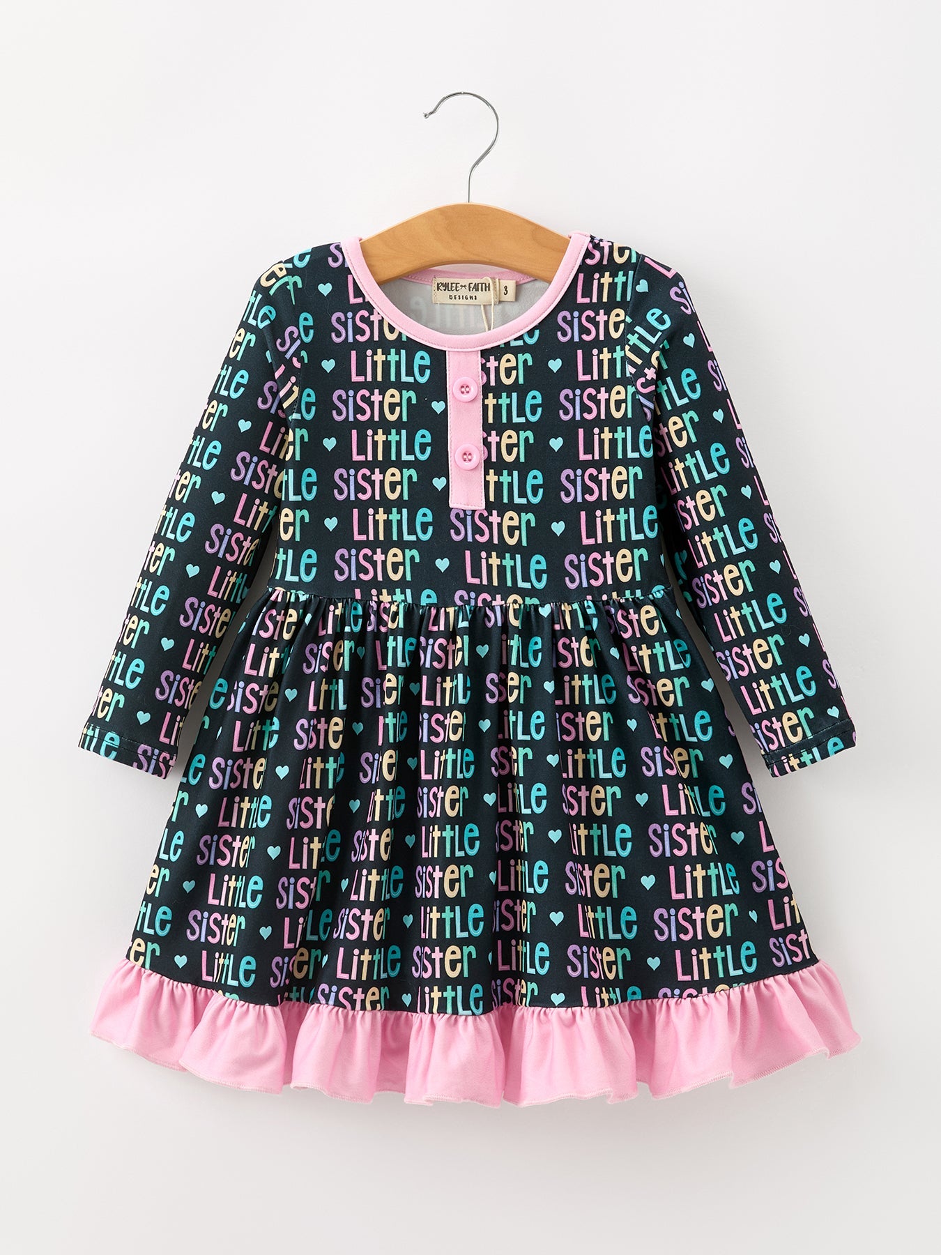 Little Sister Rainbow Letter Print Girls Ruffle Hem Dress by Rylee Faith Designs at Everetts Place