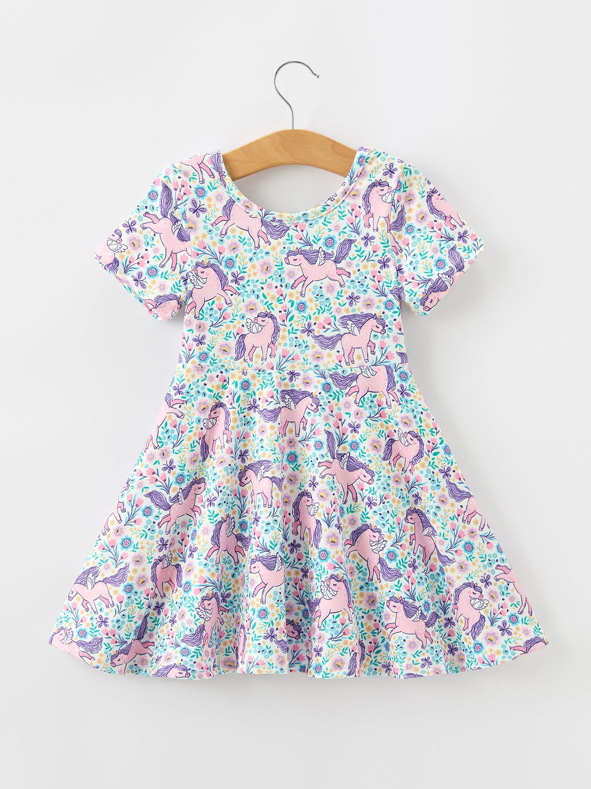 Unicorn Floral Print Girls Short Sleeve Twirl Dress by Rylee Faith Designs