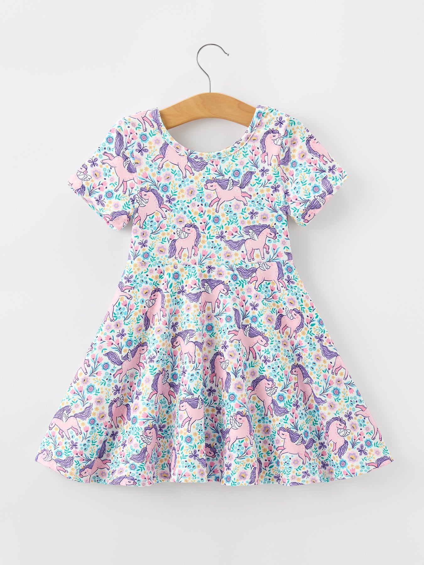 Unicorn Floral Print Girls Short Sleeve Twirl Dress by Rylee Faith Designs