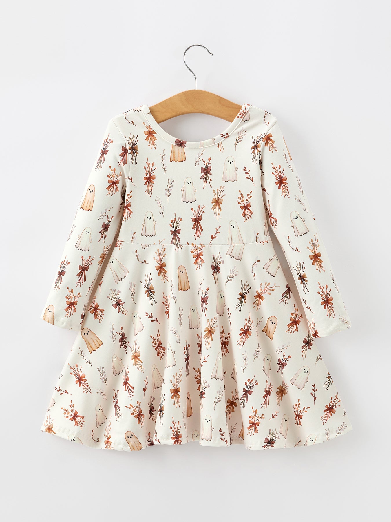 Halloween Ghost Floral Bow Girls Long Sleeve Twirl Dress by Rylee Faith Designs at Everetts Place