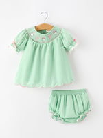 Christmas Mint Green Smocked Santa Baby Girl Bloomer Set by Rylee Faith Designs