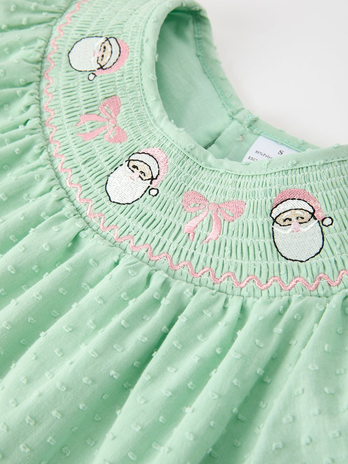 Christmas Mint Green Smocked Santa Girls Puff Sleeve Dress by Rylee Faith Designs