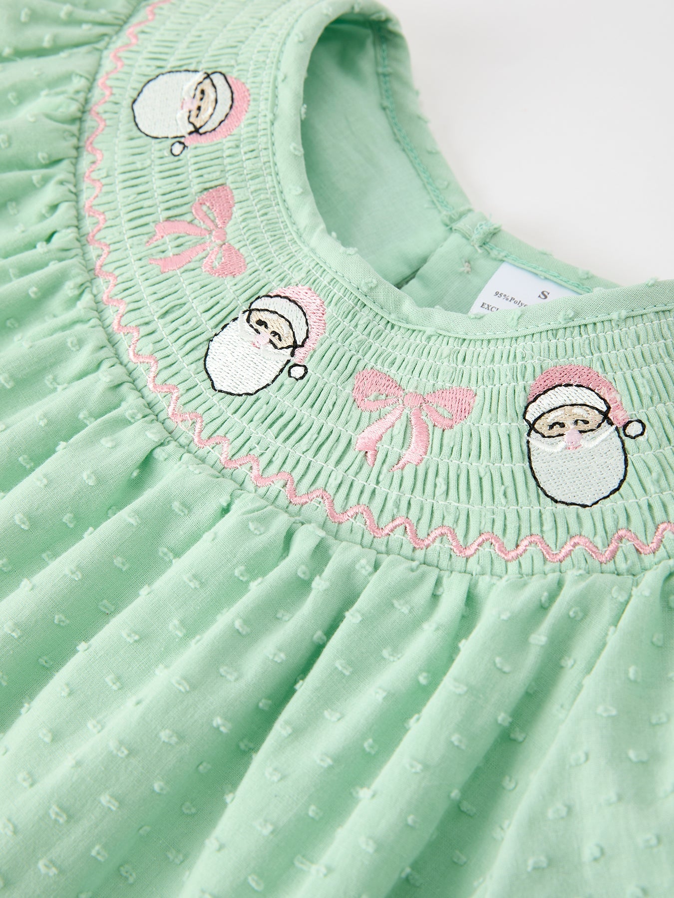 Christmas Mint Green Smocked Santa Girls Puff Sleeve Dress by Rylee Faith Designs