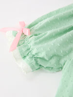 Christmas Mint Green Smocked Santa Girls Puff Sleeve Dress by Rylee Faith Designs