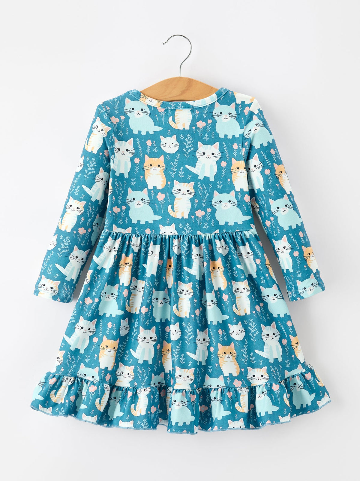 Fall Cat Print Long Sleeve Ruffle Dress by Rylee Faith Designs