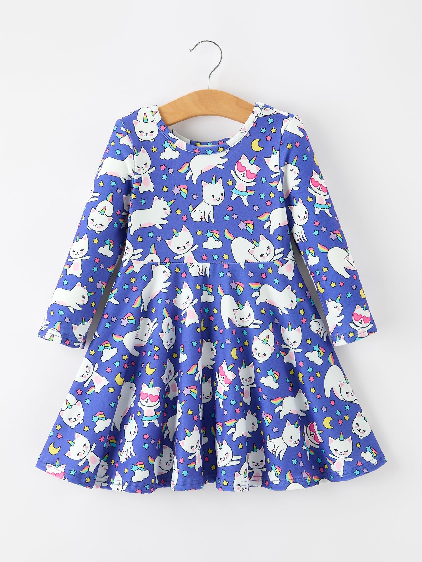 Girls long sleeve twirl dress in purple with ghost cats, pumpkins, and Halloween details.