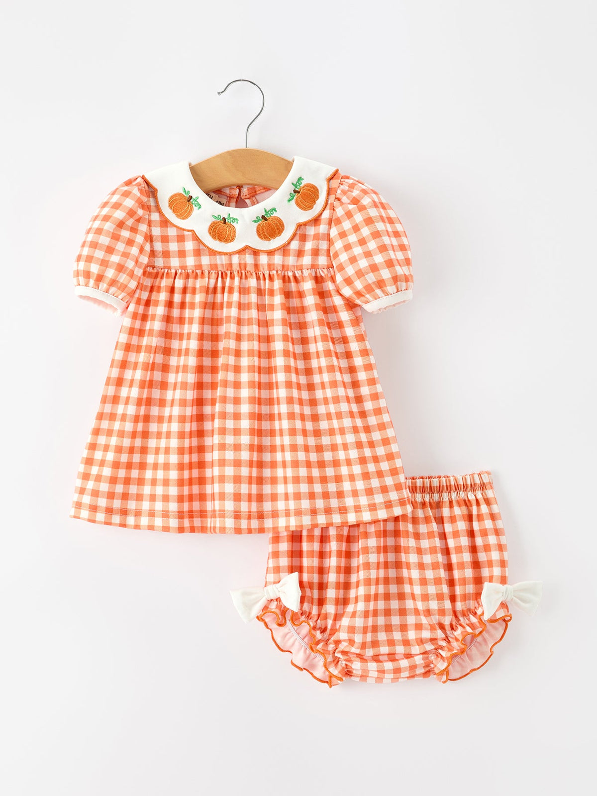 Polyester Spandex Romper, Pumpkin Puff Sleeve Bloomer Set by Rylee Faith Designs