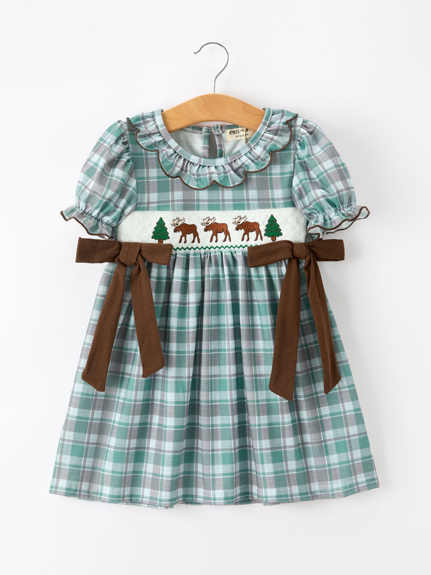 Plaid Moose Smocked Girls Puff Sleeve Dress by Rylee Faith Designs at Everetts Place