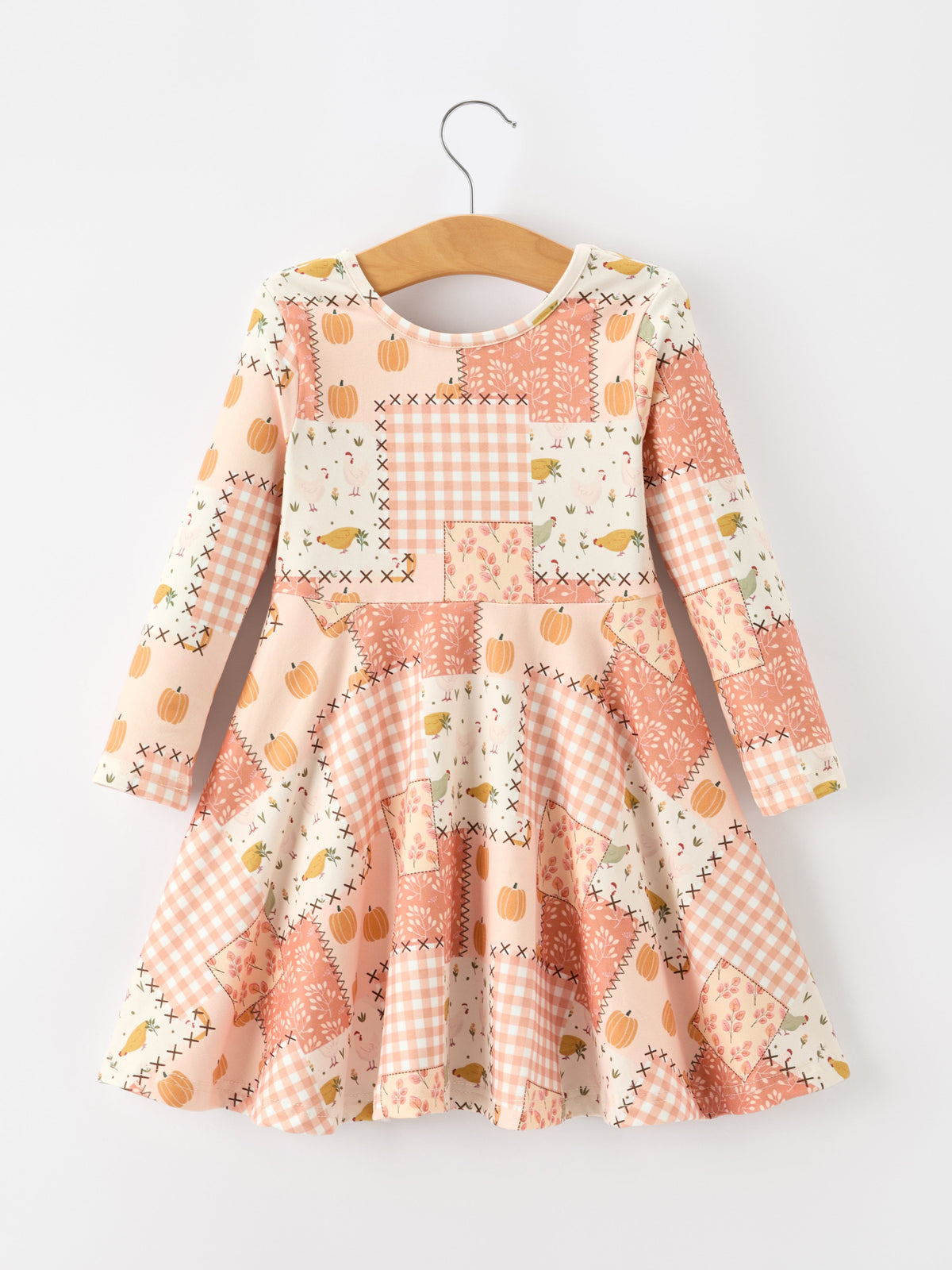 Polyester Spandex Girls Dress, Patchwork, Pumpkin Print, Long Sleeves by Rylee Faith Designs