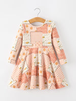 Polyester Spandex Girls Dress, Patchwork, Pumpkin Print, Long Sleeves by Rylee Faith Designs