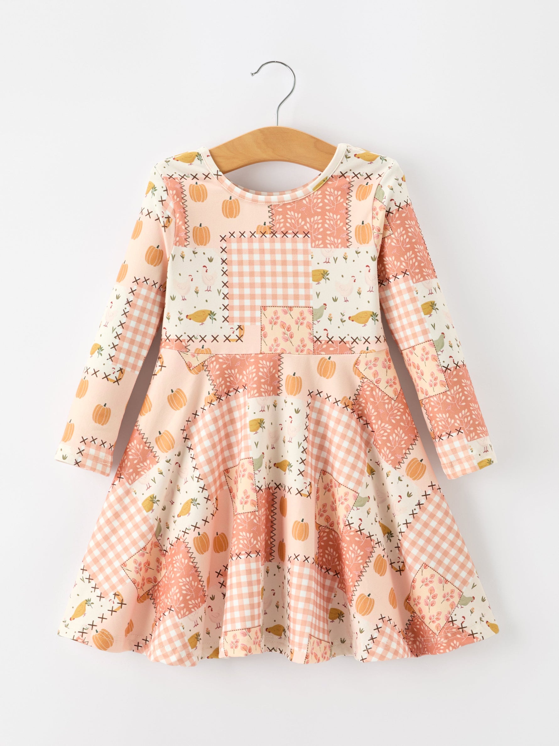 Polyester Spandex Girls Dress, Patchwork, Pumpkin Print, Long Sleeves by Rylee Faith Designs