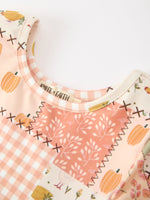 Polyester Spandex Girls Dress, Patchwork, Pumpkin Print, Long Sleeves by Rylee Faith Designs