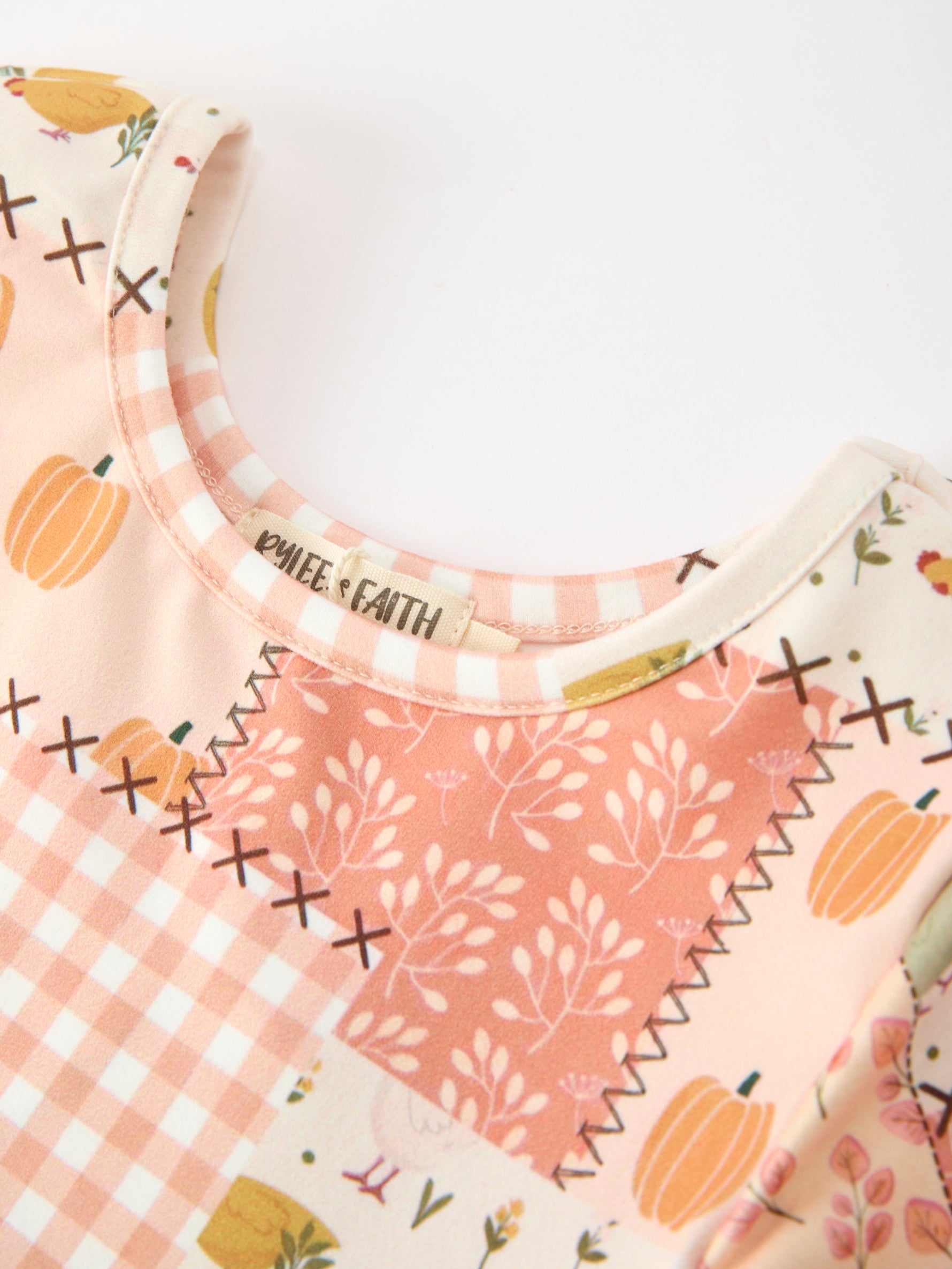 Polyester Spandex Girls Dress, Patchwork, Pumpkin Print, Long Sleeves by Rylee Faith Designs