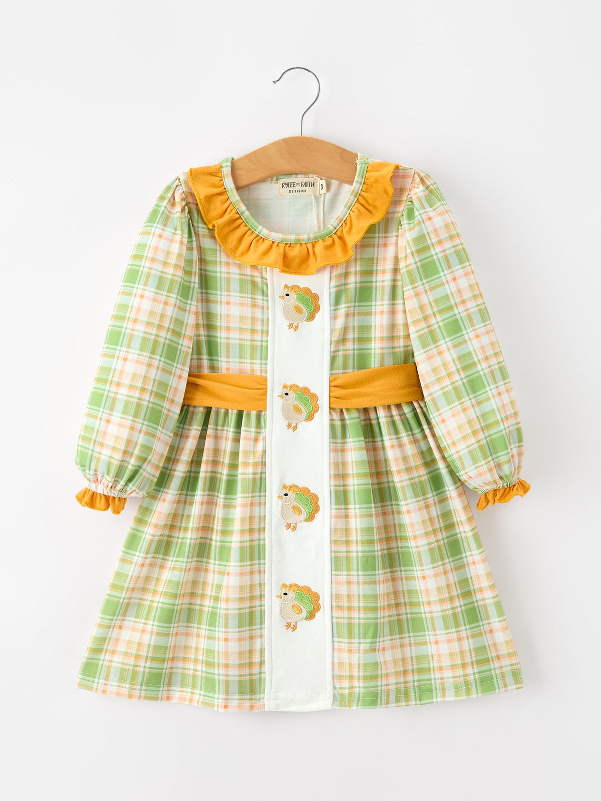 Thanksgiving Turkey Applique Plaid Girls Long Sleeve Dress by Rylee Faith Designs