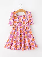 Thanksgiving Halloween Pumpkin Bow Ruffled Girls Dress by Rylee Faith Designs