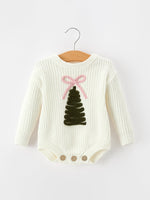 Winter Christmas Tree Girls Knit Romper Bow Long Sleeve by Rylee Faith Designs