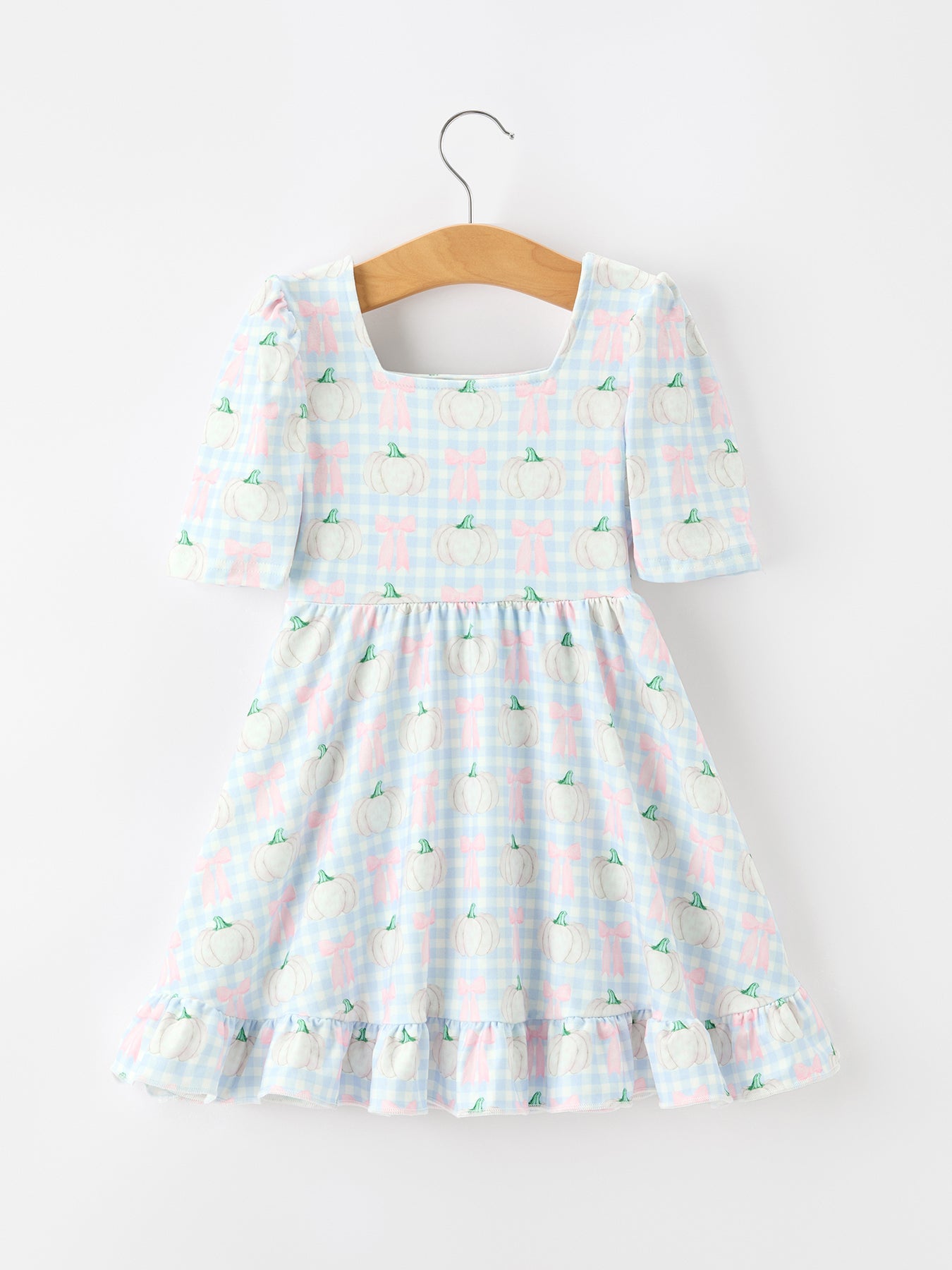 Girls Plaid Ruffle Hem Dress - Fall Pumpkin Bow