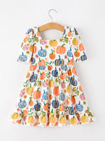 Pumpkin Print Polyester Spandex Girls Ruffle Hem Dress by Rylee Faith Designs (view 7 of 10)