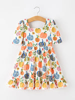 Pumpkin Print Polyester Spandex Girls Ruffle Hem Dress by Rylee Faith Designs (view 6 of 10)