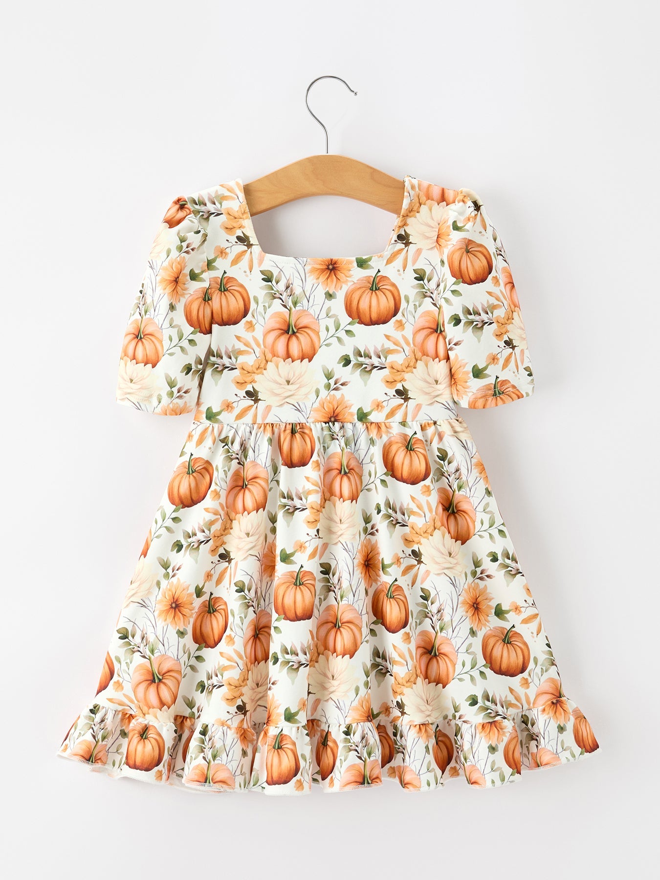 Polyester Spandex Girls Ruffle Hem Dress - Pumpkin Floral Print