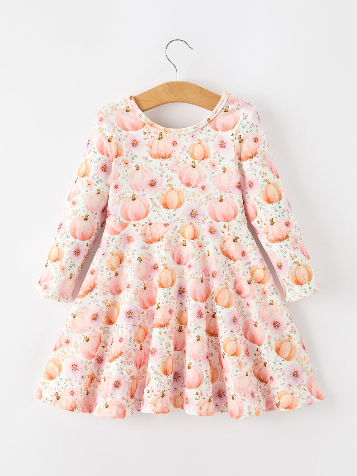 Polyester Spandex Girls Long Sleeve Twirl Dress - Pink Pumpkin by Rylee Faith Designs