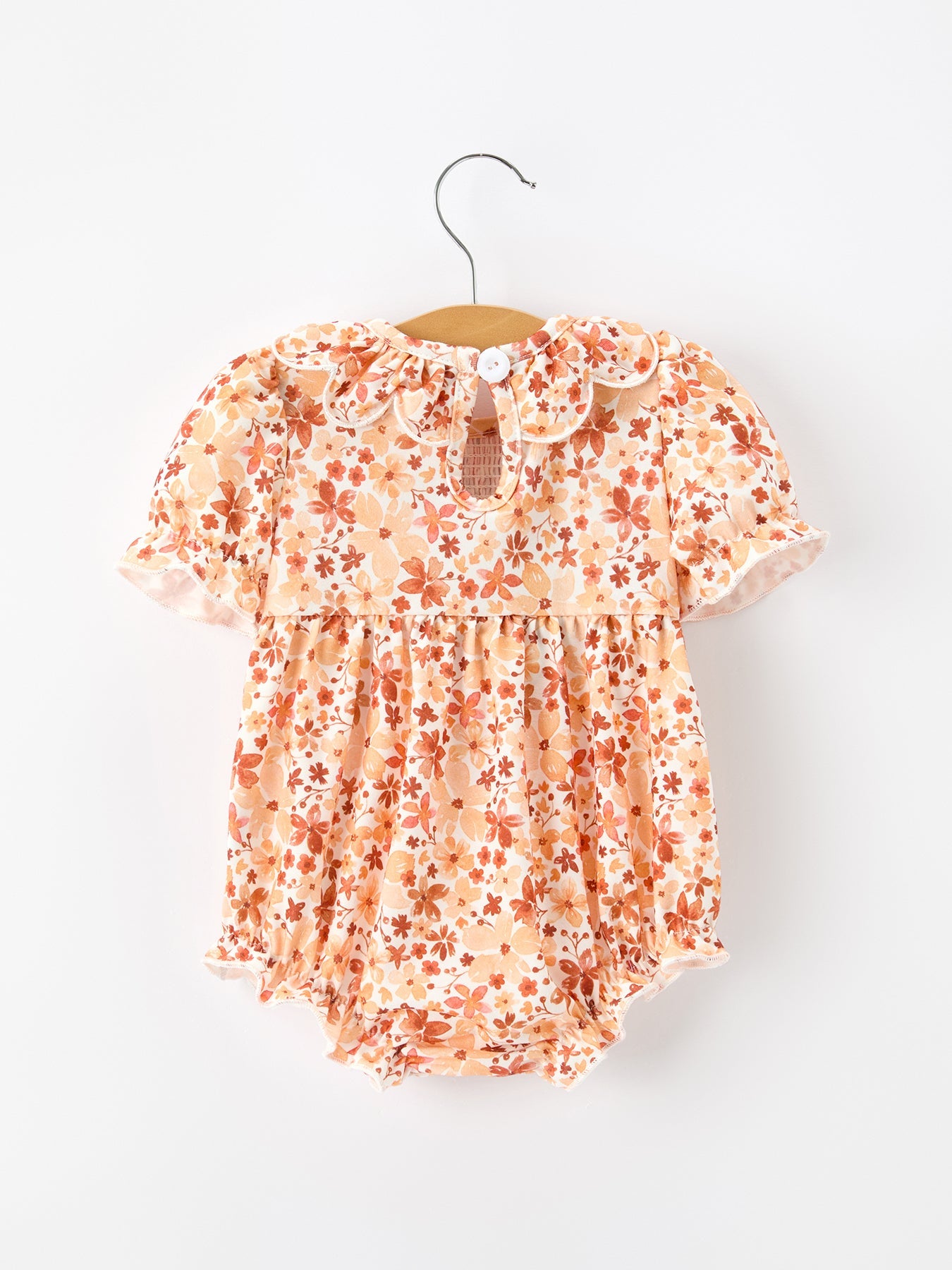 Fall Rust Floral Baby Romper with Smocked Petal Collar