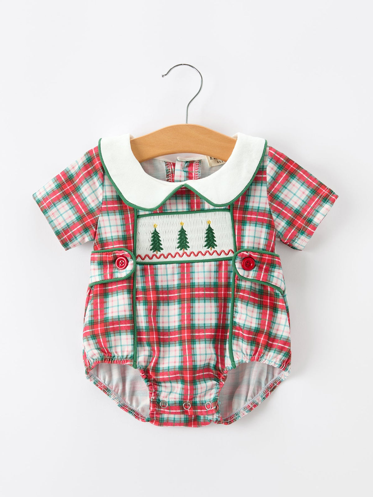 Christmas Tree Plaid Boys Romper Peter Pan Collar Smocked by Rylee Faith Designs