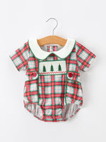 Christmas Tree Plaid Boys Romper Peter Pan Collar Smocked by Rylee Faith Designs