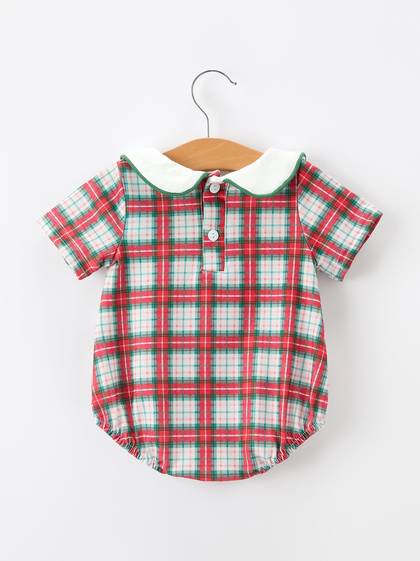 Christmas Tree Plaid Boys Romper Peter Pan Collar Smocked by Rylee Faith Designs