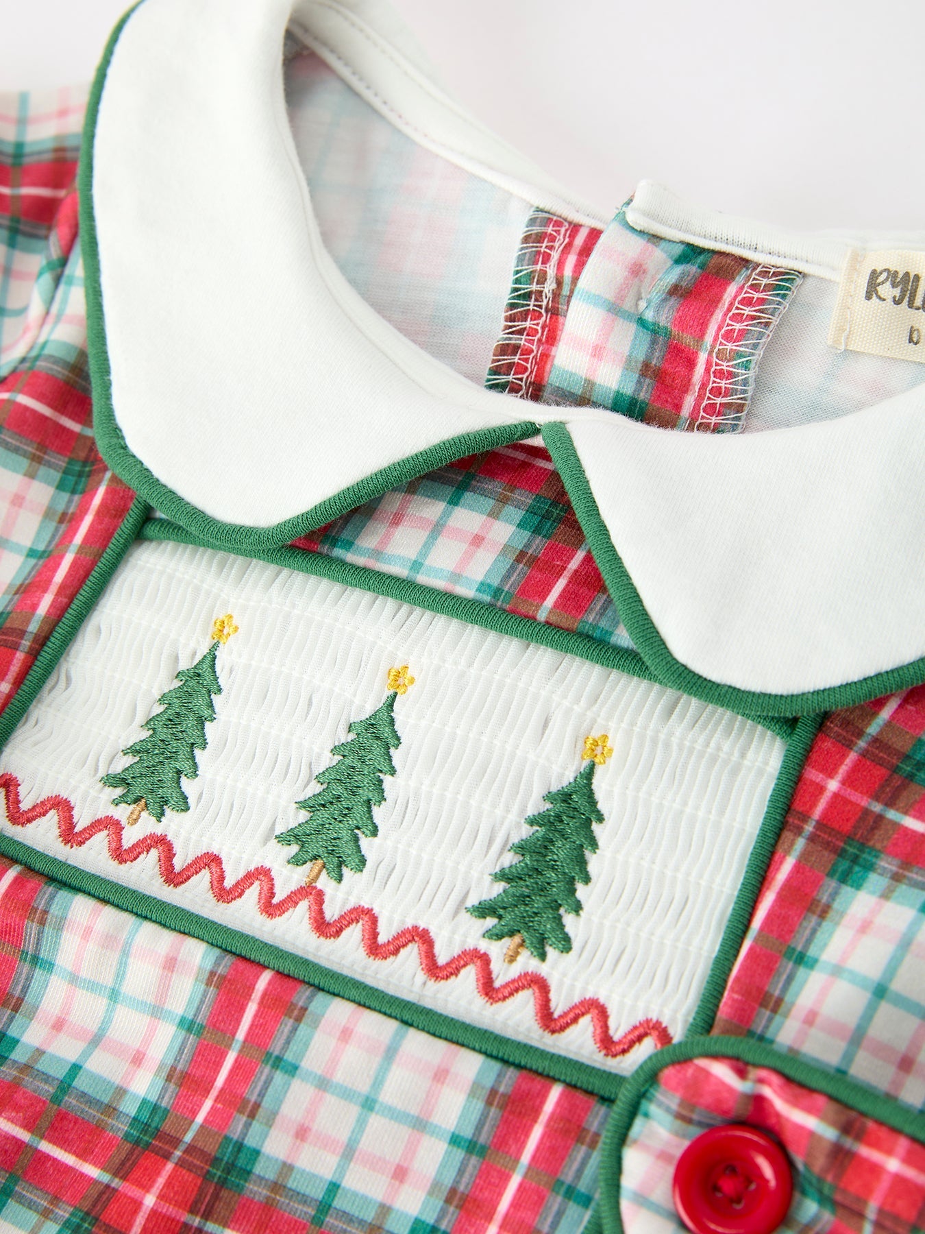 Christmas Tree Plaid Boys Romper Peter Pan Collar Smocked by Rylee Faith Designs