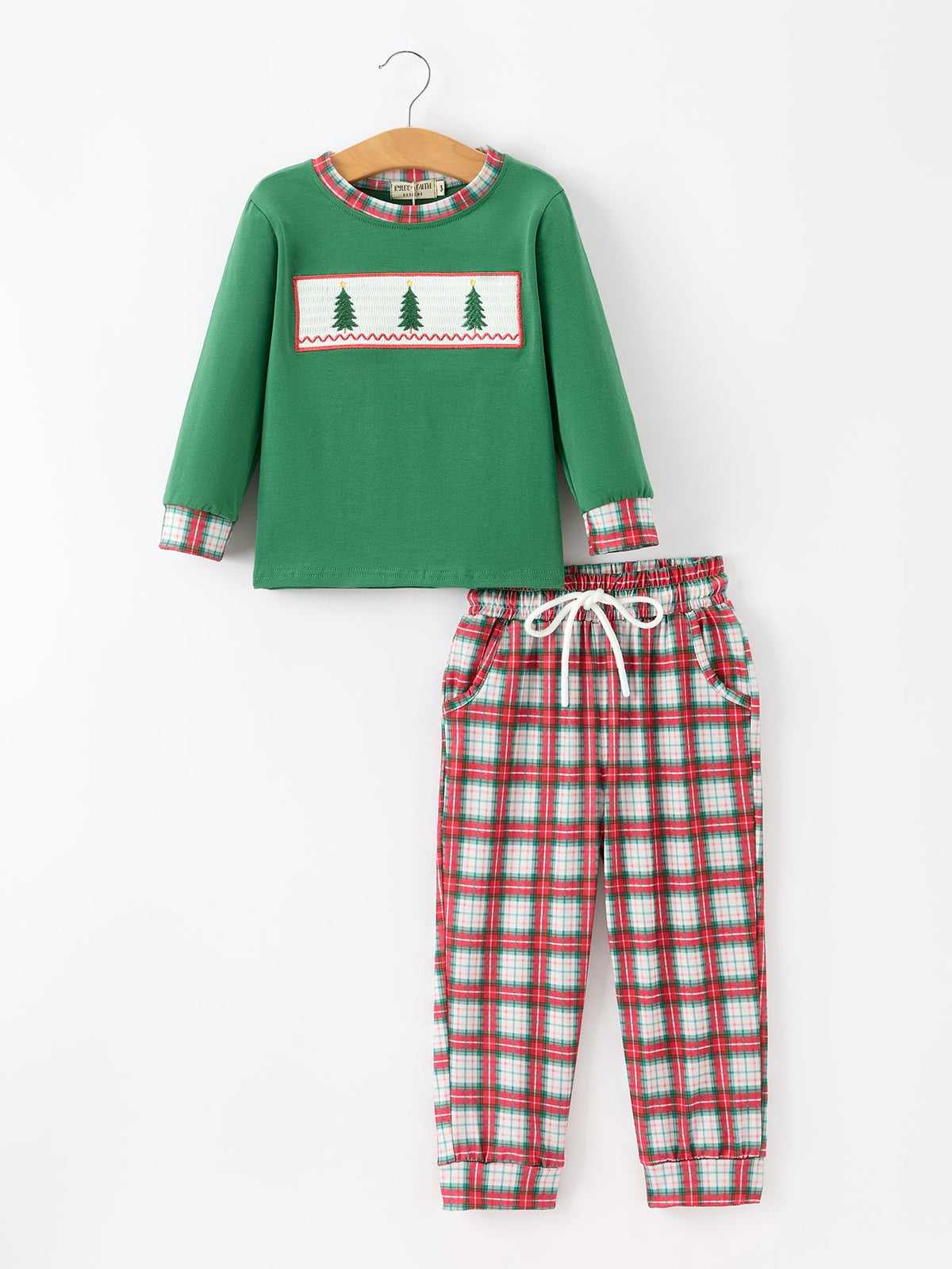Christmas Tree Plaid Boys Set Long Sleeve Top Pants by Rylee Faith Designs