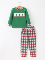 Christmas Tree Plaid Boys Set Long Sleeve Top Pants by Rylee Faith Designs
