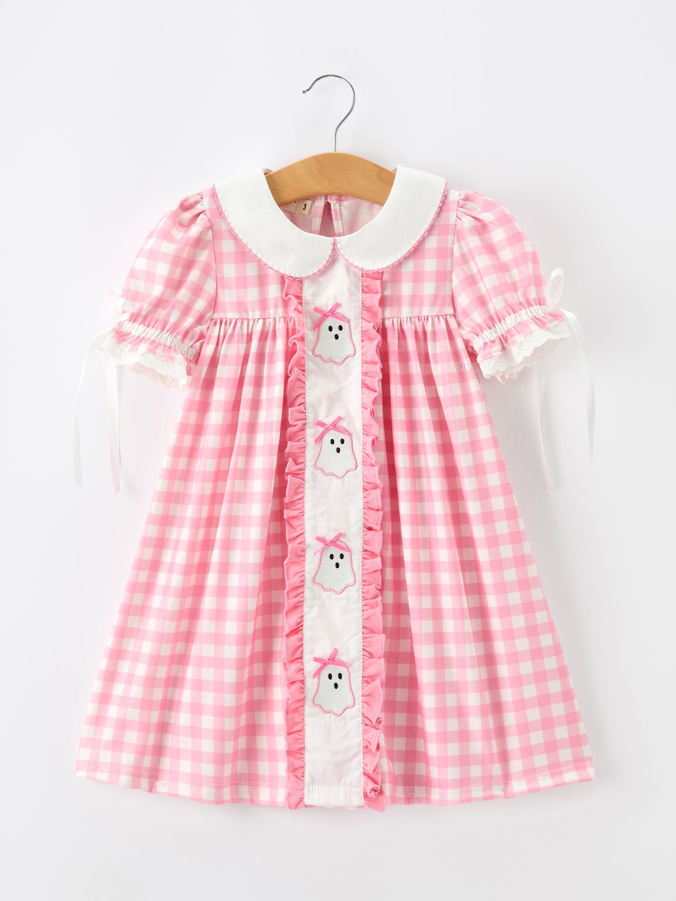Polyester Spandex Girls Dress, Ghost Embroidered, Peter Pan Collar Bow