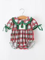 Christmas Tree Plaid Girls Romper Petals Collar Ruffle by Rylee Faith Designs